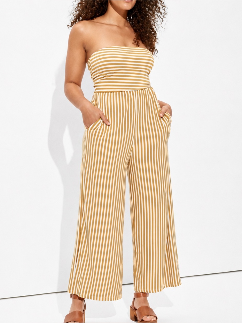 American Eagle Mustard Stripe Strapless Jumpsuit